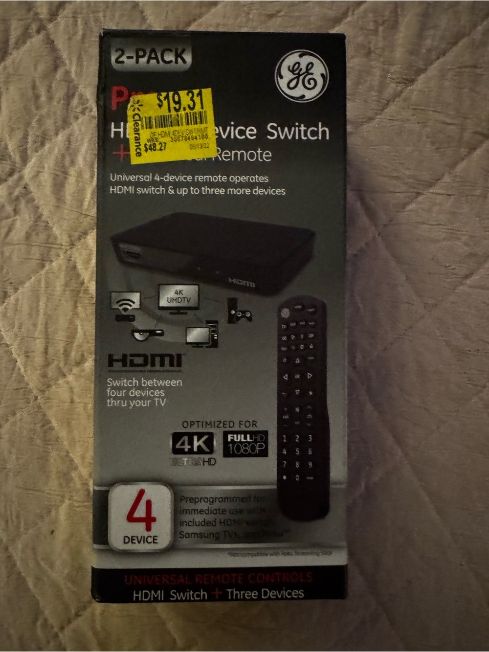 GE Black HDMI Switch with Remote - 4-Device, 4K Ready